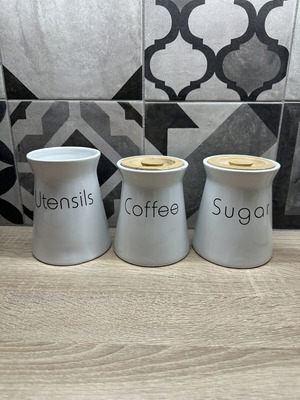 Kitchen container set used with wooden lids for sugar coffee and utensils