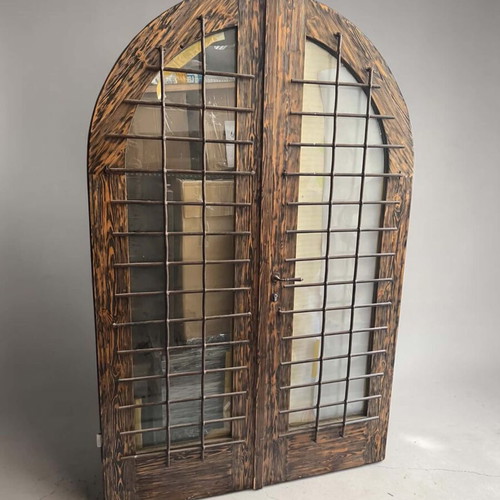 Rustic Double Door with Arch, Glass and Ironwork like new