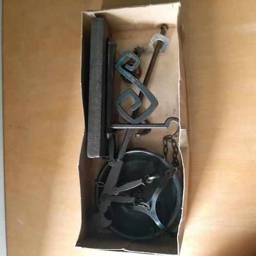 Vintage metal balance scale new with wooden wall mount