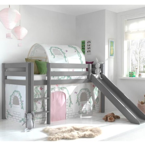 Bed with Slide like new, gray, medium height, converts to regular bed