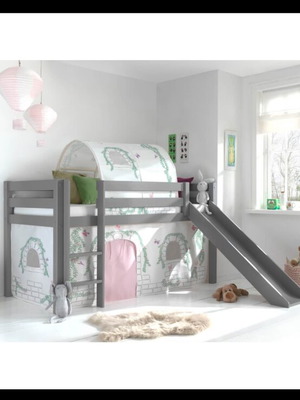 Bed with Slide like new, gray, medium height, converts to regular bed