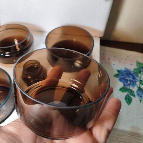 DOIY LÁpero Set of 4 Dark Amber Glass Bowls and Toothpick Holder New