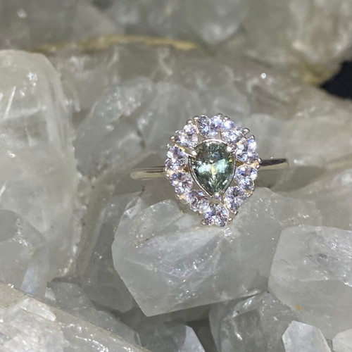 Silver Ring with Natural Green Tourmaline and Moissanite, new