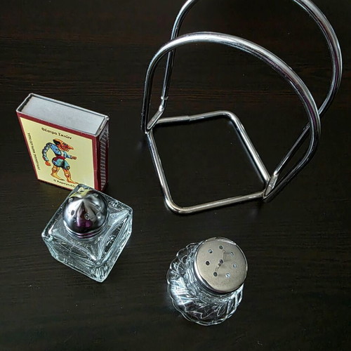 Vintage stand for napkins and glass salt and pepper shakers like new