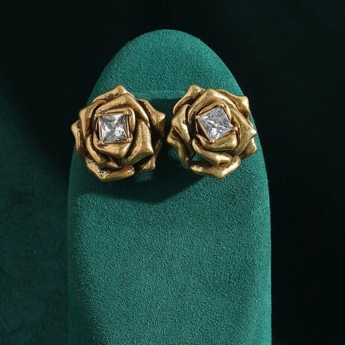 Vintage Gold Tone Rose Stud Earrings with Crystal