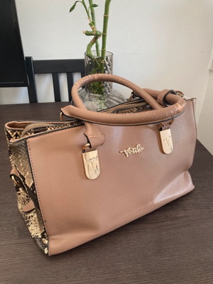 Verde tote τσάντα χειρός μεταχειρισμένη, καφέ με μπεζ και χρυσές λεπτομέρειες