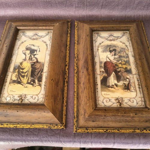 Vintage Italian wooden frames with classic bucolic scenes, pair of 2