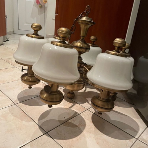 Bronze ceiling light refurbished with six white glass shades