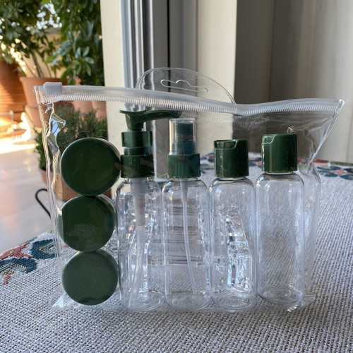 Travel set with transparent storage pouch, new, 7 pieces