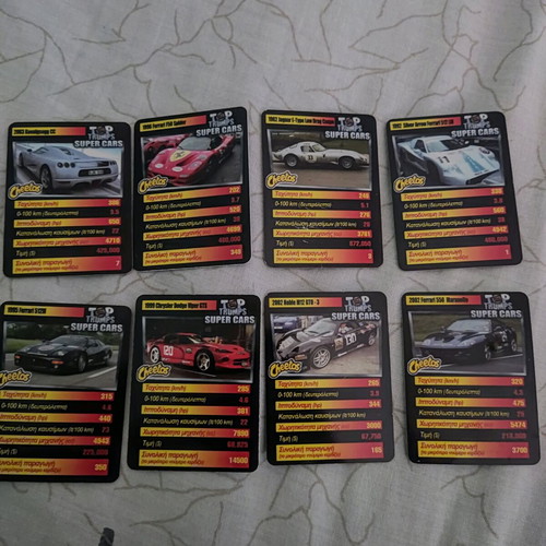 Top Trumps Super Cars Cheetos cards used, pack of 8
