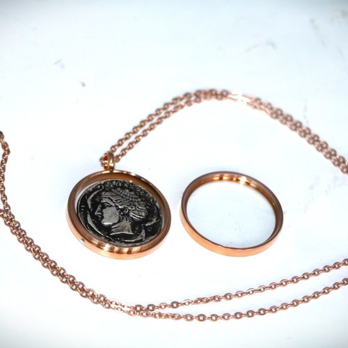 Ancient silver-plated coin pendant - replica - Arethusa, glass case necklace pendant 22K gold-plated