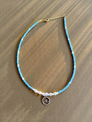 Handmade necklace with pearls, blue and white