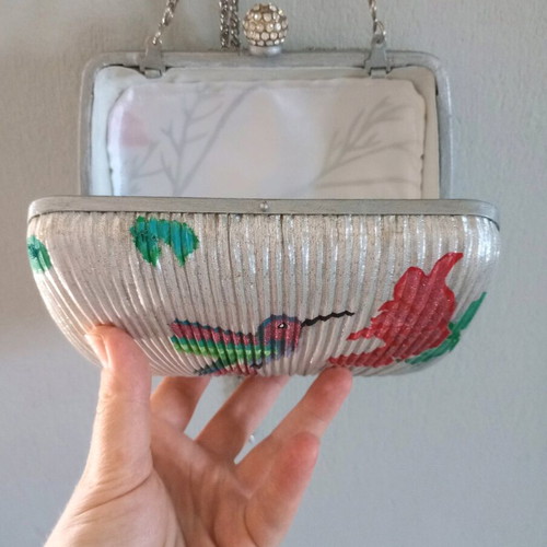 Vintage clutch shoulder bag refurbished with handmade hummingbird pattern silver multicolor