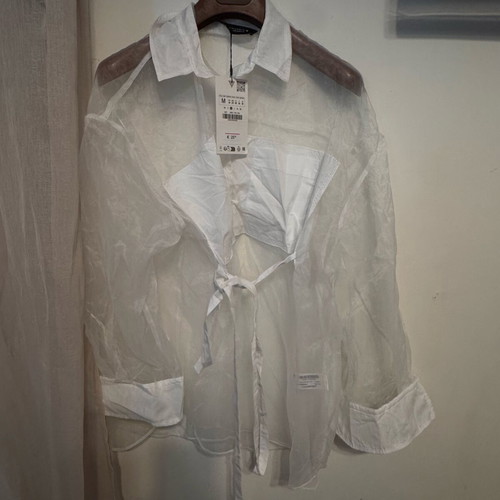 Zara organza poplin shirt new, white with belt