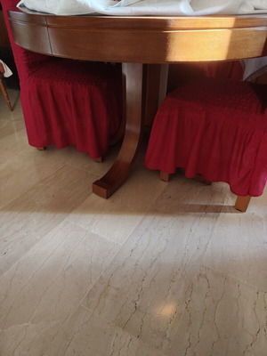 Wooden round dining set 115cm extendable with 6 chairs and 2 stools like new