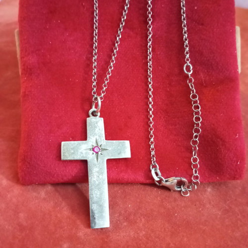 Silver cross necklace 925 with synthetic ruby used, old Russian