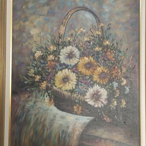 Vintage oil painting on canvas used, still life with flowers and frame
