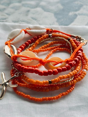 Set of 7 Boho Bracelets new with Shells and Starfish Orange