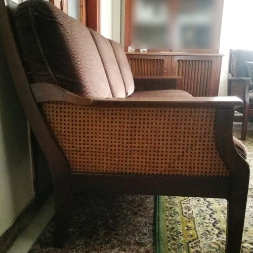Classic three-seater sofa used, wood and rattan