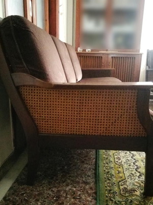 Classic three-seater sofa used, wood and rattan