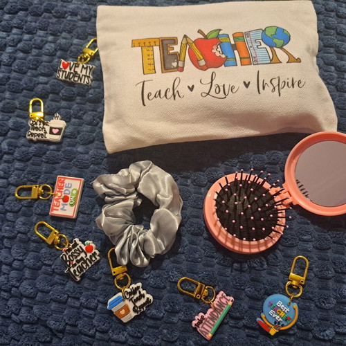Teacher Gift Set fabric pouch with brush, mirror, hair tie and keychain