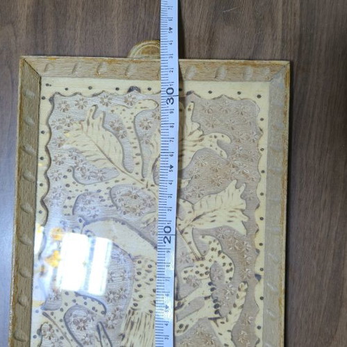Wooden vintage folk art tray with embossed peacock and pyrography, like new