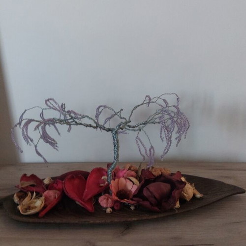 Decorative tree with wire and purple beads on wooden leaf new