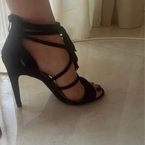 Black suede sandals with removable tassels like new