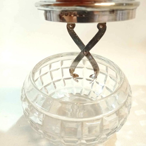 Antique English handmade sugar bowl from 1920s with silver-plated lid and tongs