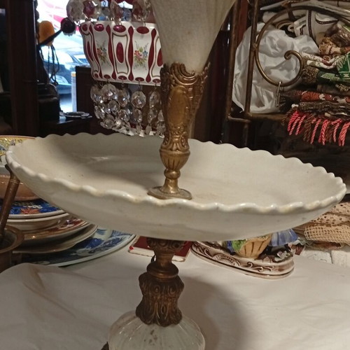 Two-tier tazza style vintage porcelain and bronze centerpiece