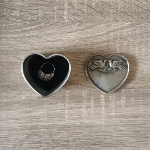 Vintage Metal Heart Jewelry Box with Embossed Doves and Roses like new