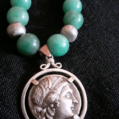 Silver pendant necklace used, replica of Theban coin with aventurine