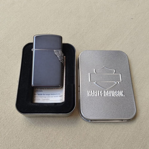Zippo Slim Midnight Chrome Harley-Davidson Wing lighter mint condition