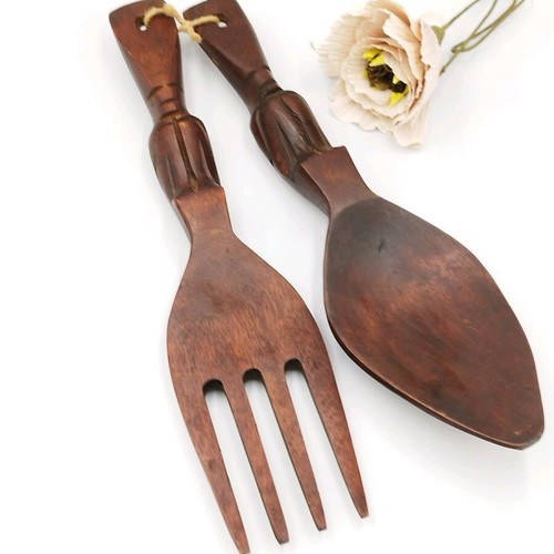 Mahogany utensil set used, handmade, tiki style