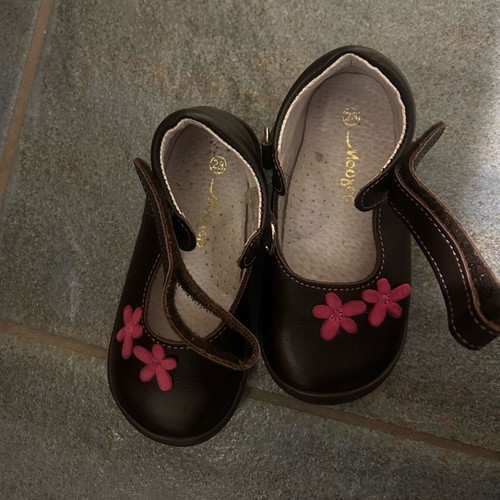 Mouger girls' ballerina shoes new, size 23, brown with fuchsia flowers