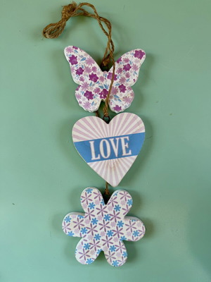 Handmade hanging decoration with butterfly, heart and flower wooden motifs