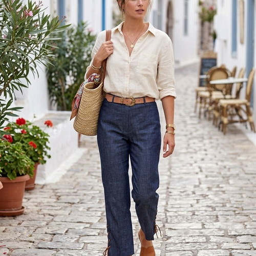 Summer jeans new with leather laces, size M/L, blue