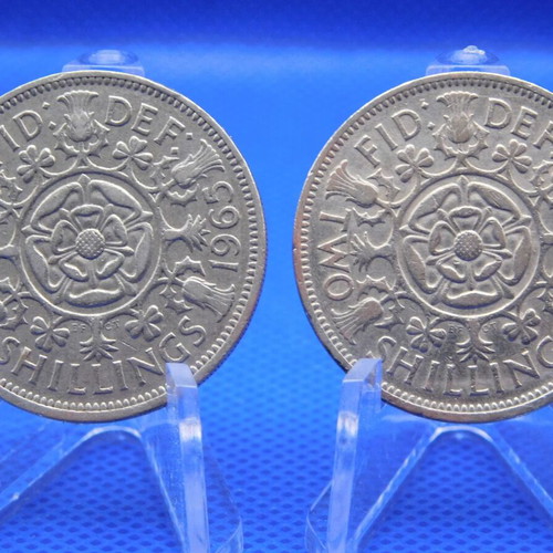 Set of 2 old Great Britain 2 Shillings coins (1965 & 1966)