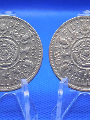 Set of 2 old Great Britain 2 Shillings coins (1965 & 1966)