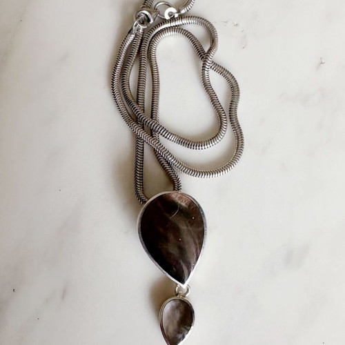 Vintage 925 Silver Pendant with Black Mother of Pearl Double Teardrop and Chain