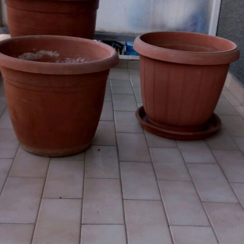 Flower pots three large with simple saucer and saucer with wheels