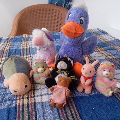Set of eight retro plush toys, classic fuzzy figures from the 80s