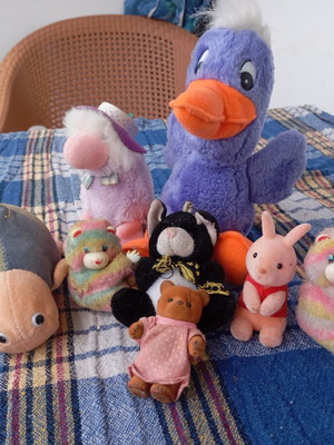 Set of eight retro plush toys, classic fuzzy figures from the 80s
