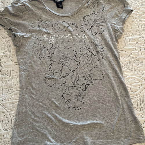Guess women's T-shirt used, grey with black tropical flower design, size L
