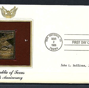 USA FDC GOLD STAMP  22 K 03-1986 REPUBLIC OF TEXAS-150th ANNIVERSARY