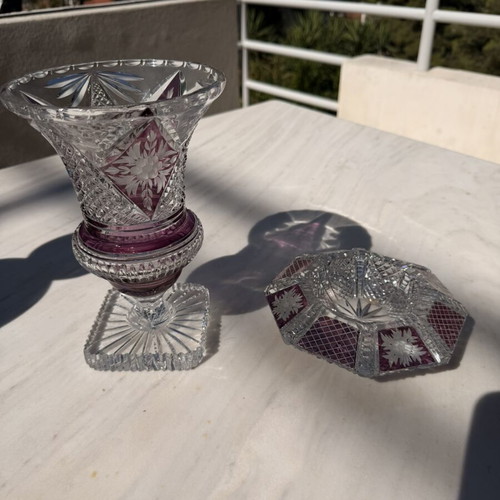 Vintage Amethyst Overlay Crystal Vase and Bowl Set like new