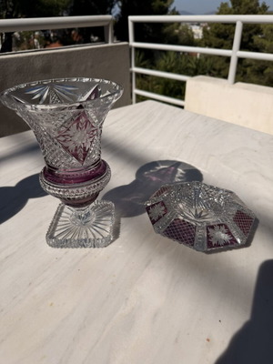 Vintage Amethyst Overlay Crystal Vase and Bowl Set like new