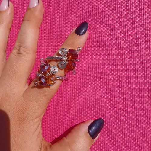 Handmade wire wrap ring with crystal beads, adjustable