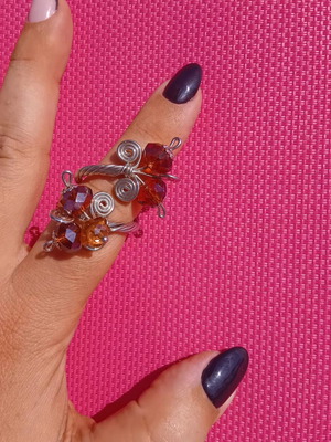 Handmade wire wrap ring with crystal beads, adjustable