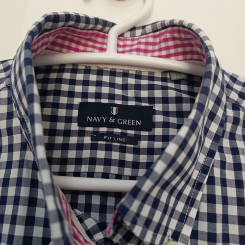 Navy & Green men's dress shirt, blue and white, size M